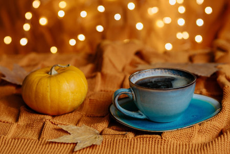 Still-life. An orange blanket, pumpkins and a cup of tea in the home interior. A cozy autumn concept.の写真素材