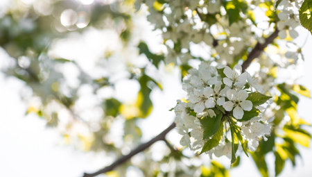 Sakura flowers. Spring, nature wallpaper. Cherry blossom in the garden. Blooming white flowers on...