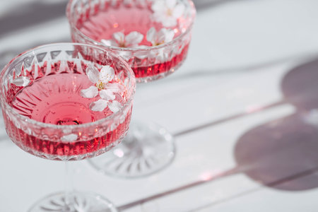 Two fashionable glasses for dessert and champagne with a pink drink and cherry blossoms inside on a light background with hard shadows and highlights. The concept of a party and a holiday.の写真素材