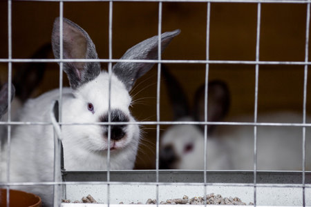 Rabbits in a cage at a petting zoo. The concept of animal protection and care.の写真素材