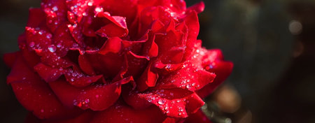 Red rose with dew drops close-up. Floral background