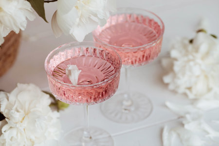 A bouquet of white peonies, flower petals, candles and a fashionable glass for dessert and champagne with a pink drink inside. The concept of a party and a holiday.の写真素材