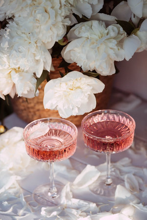 A bouquet of white peonies, flower petals, candles and a fashionable glass for dessert and champagne...
