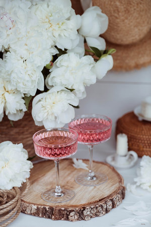 Two glasses of pink champagne on a round wooden stand next to a bouquet of white peonies.の写真素材