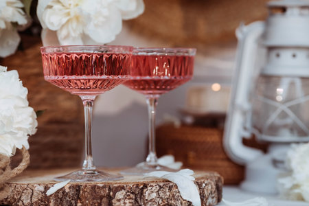 A bouquet of white peonies, flower petals, candles and a fashionable glass for dessert and champagne with a pink drink inside. The concept of a party and a holiday.の写真素材