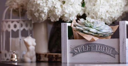 Succulent in a box, candles, a bouquet of white hydrangeas and astilba. Interior in Provence style. The concept of home comfort and decor in the house.の写真素材