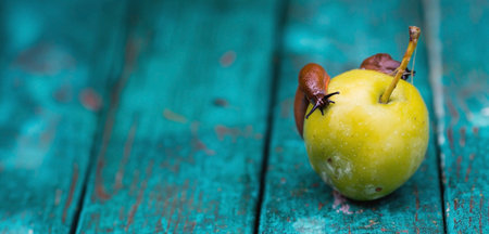 Close-up of the Spanish slug Arion lusitanicus on a green apple. Big slimy brown snails crawling...