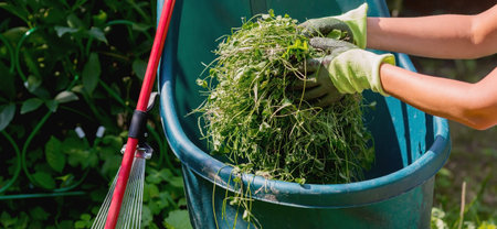 A young woman works in the backyard of the house and collects grass with a rake after a mower. The...