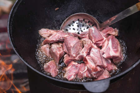 Recipe for potatoes with meat and vegetables in a cauldron in nature. Cooking. cooking recipes. Step by step photo instruction on cooking.の写真素材
