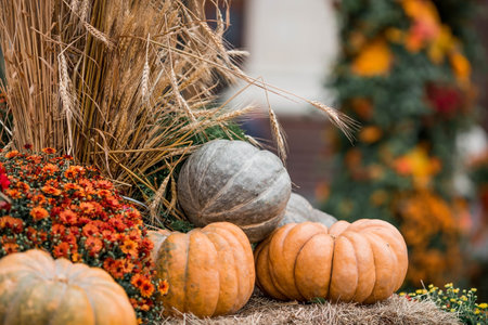 Decorative pumpkins from the Golden autumn festival in Moscow, near red square, the Kremlin. Halloween decor with various pumpkins, autumn vegetables and flowers. Harvest and gardeの写真素材