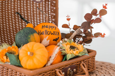 In the background is the interior of a white Scandi-style kitchen. Autumn flowers, Jack's pumpkin and candles on a tray. The concept of home and comfort. Autumn decor for Halloweenの写真素材