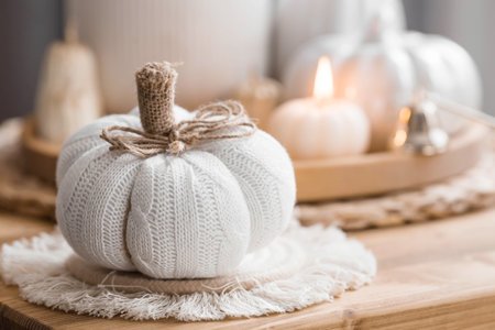 still life. Knitted pumpkin, pumpkin-shaped candles and white ceramic pumpkins on a wooden tray on a coffee table in the home interior of the living room. Cozy autumn concept.の写真素材