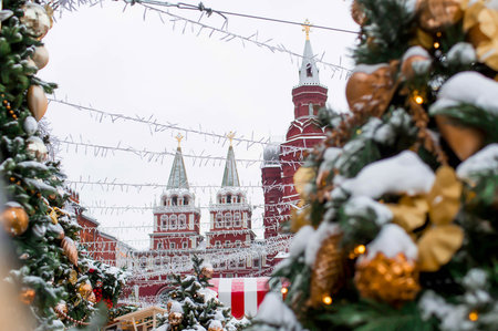 Christmas decoration of the streets. Beautiful landscape festives in the city. Decorated Christmas trees. New Year's Winter holidays 2023の写真素材