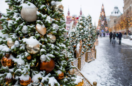 Christmas decoration of the streets. Beautiful landscape festives in the city. Decorated Christmas...