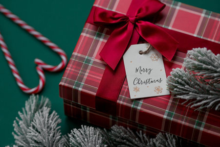 A red gift box in a cage, a label with the inscription "Merry Christmas" and fir branches on a green background. Christmas 2023.Traditional colors. Buying and preparing gifts for fの写真素材