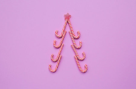 Marshmallows and lollipops. Chewing candy close-up in the form of a Christmas tree on a pink background. The concept of Christmas and New Year for a candy store. A copy of the teの写真素材