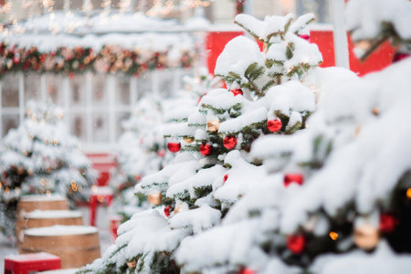 Christmas decoration of Tverskaya Street in classic red and green tones. Beautiful urban festive landscapes in Moscow. Decorated Christmas trees and snow.の写真素材