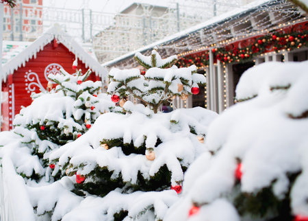 Christmas decoration of Tverskaya Street in classic red and green tones. Beautiful urban festive...