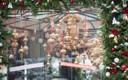 christmas decoration. Beautiful landscape festives in Moscow. Decorated Christmas trees.の写真素材