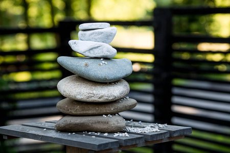 rock park. Zen balance stones are arranged in the shape of a pyramid, stacked on a wooden board against the background of nature. The object is in focus, the background is blurred.の写真素材