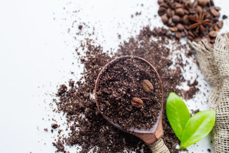 spa treatments. Natural, coffee body scrub.Natural body cosmetics on a white background, top view. Place for an inscription. beauty and health concept.の写真素材