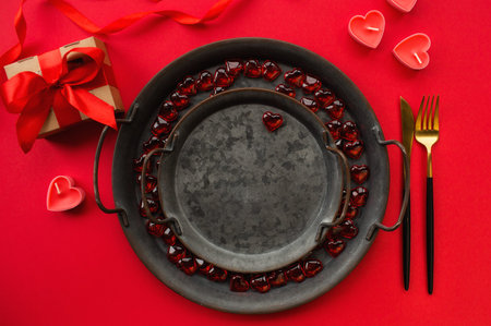 Vintage plates, festive table setting with gift box on a red background. love concept. Valentine's...