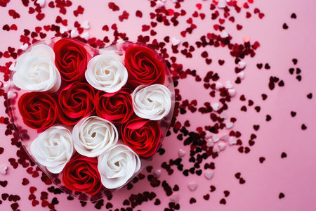 holiday card. Big red and white heart of roses on a fashionable pink background. Valentine's Day. The portfolio has more images by February 14th.の写真素材