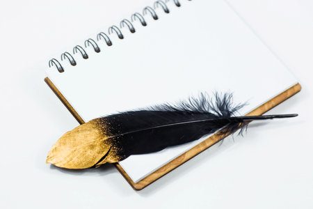Stylish black and gold pen and notepad for writing on an isolated white background. The view from the top. flatly.の写真素材