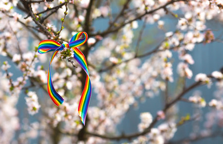 LGBT rainbow ribbon pride tape symbol. Stop homophobia. close-up.