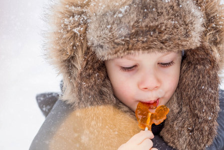 Portrait of a beautiful little Russian boy in a hat with earflaps with a lollipop cockerel in winter in the park. The concept of a happy childhood, Russian traditional sweets and lifestyle.の写真素材
