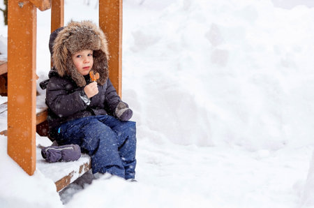 Portrait of a beautiful little Russian boy in a hat with earflaps with a lollipop cockerel in winter in the park. The concept of a happy childhood, Russian traditional sweets and lifestyle.の写真素材