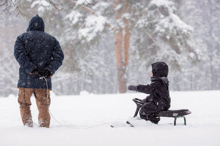 Father and son are walking in Tsaritsyno Park in a heavy snowfall. A father pulls his little son on a sled in a winter park.の写真素材