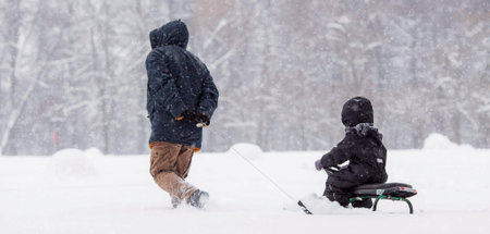 Father and son are walking in Tsaritsyno Park in a heavy snowfall. A father pulls his little son on...