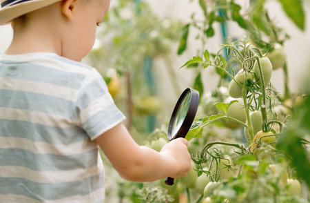 Summer holidays. A small child in a hat looks at the leaves with a magnifying glass. A preschool boy studies nature with a magnifying glass. Education, excursions, research concept.の写真素材
