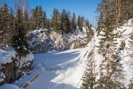 Winter landscape of Ruskeala Park. Marble canyon under the snow. Russia, Republic of Karelia.の写真素材