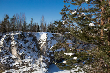 Winter landscape of Ruskeala Park. Marble canyon under the snow. Russia, Republic of Karelia.の写真素材