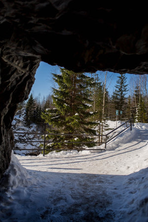Winter landscape of Ruskeala Park. Marble canyon under the snow. Russia, Republic of Karelia.の写真素材