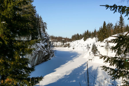 Winter landscape of Ruskeala Park. Marble canyon under the snow. Russia, Republic of Karelia.の写真素材