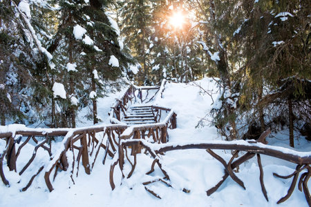 Winter landscape of the park. Ruskeala waterfalls. The territory of the park. beautiful winter landscape. Russia, Republic of Karelia.の写真素材