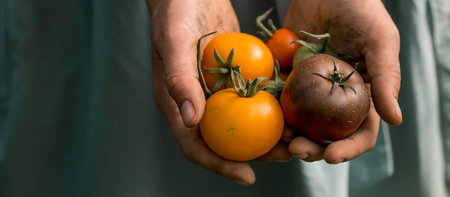 Hands of a girl with tomatoes close-up. A farmer in a cotton apron holds fruit next to a wicker...