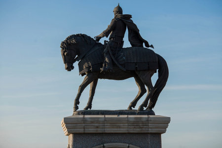 Russia, Moscow region, Kolomna - monument to Dmitry Donskoy at the walls of the Kolomna Kremlin at...