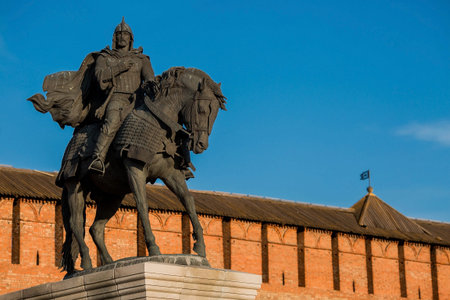 Russia, Moscow region, Kolomna - monument to Dmitry Donskoy at the walls of the Kolomna Kremlin at sunset. Sight. Business card of the city of Kolomna.のeditorial素材