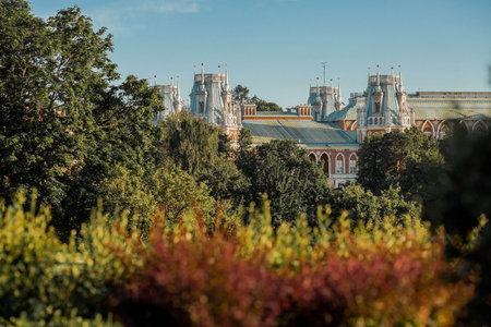 Russia. The Grand Palace in Tsaritsyno Park. Tsaritsyno Park is one of the main tourist attractions in Moscow. Beautiful scenic view of the old entrance of the complex in the summer on a Sunny day.のeditorial素材