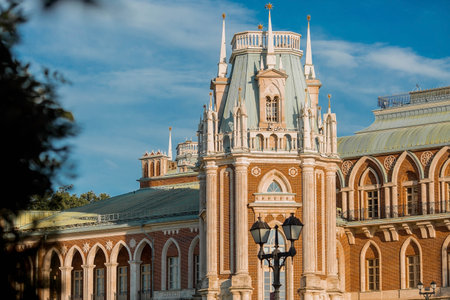 Russia. The Grand Palace in Tsaritsyno Park. Tsaritsyno Park is one of the main tourist attractions in Moscow. Beautiful scenic view of the old entrance of the complex in the summer on a Sunny day.のeditorial素材