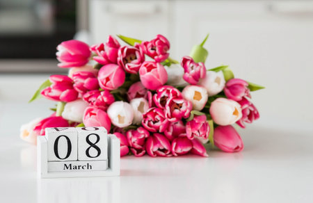 A greeting card for the holiday of March 8 with the number and month on the calendar. Beautiful background of a bouquet of pink tulips. The concept and concept of "International Women's Day".の写真素材