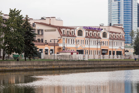 The embankment of the Svisloch river in Minsk. View of the city of Minsk.Belarusのeditorial素材