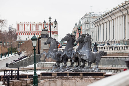 Russia. Moscow. Fountain in the Alexander Garden.Sculptural composition "Seasons" in winter.のeditorial素材