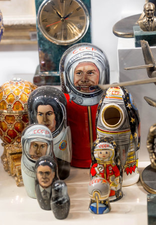 Russian traditions. Russian folk art and crafts. Souvenirs and toys. Yuri Gagarin is depicted on a matryoshka doll. space day.のeditorial素材
