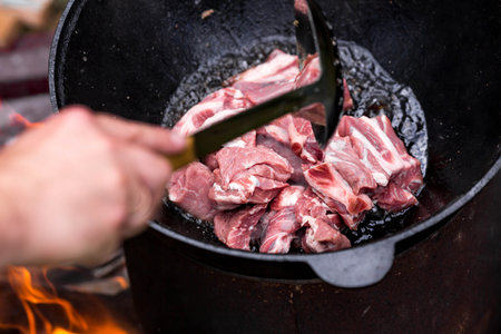 Recipe for potatoes with meat and vegetables in a cauldron in nature. Cooking. cooking recipes. Step by step photo instruction on cooking.の写真素材