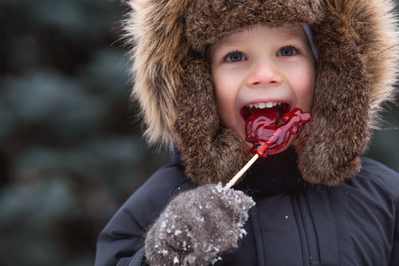 Portrait of a beautiful little Russian boy in a hat with earflaps with a lollipop cockerel in winter...